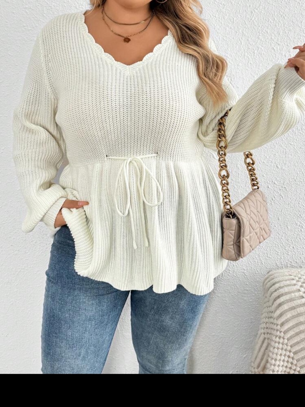 Cream V-Neck Peplum Knit Sweater